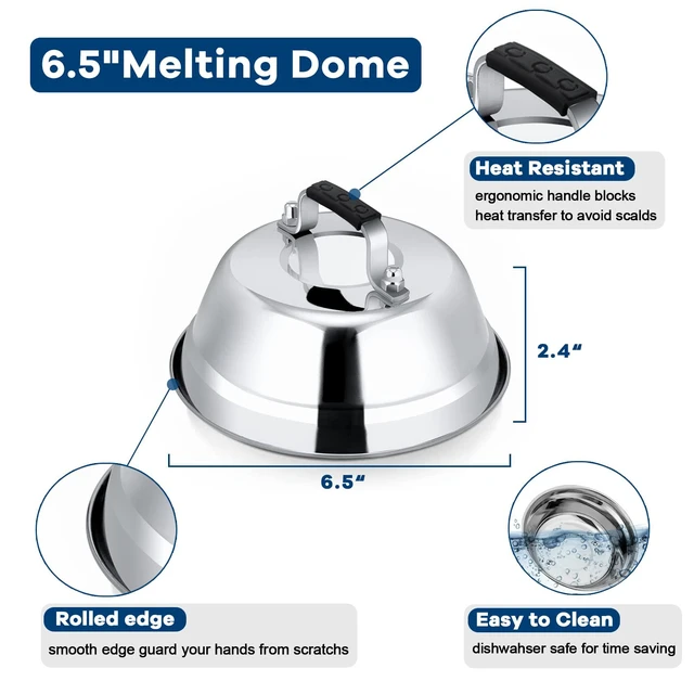 Alt view image 2 of 7 - 6.5IN Stainless Steel Griddle Basting Cover Dome, 3 Pack | Commercial Heavy Duty Metal Round Cheese Melting Dome For Griddle, BBQ Food Steamer Cover Lid For Flat Top Grill