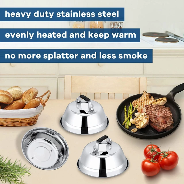 Alt view image 7 of 7 - 6.5IN Stainless Steel Griddle Basting Cover Dome, 3 Pack | Commercial Heavy Duty Metal Round Cheese Melting Dome For Griddle, BBQ Food Steamer Cover Lid For Flat Top Grill