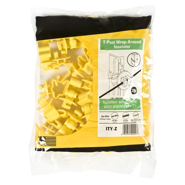 Alt view image 2 of 3 - Standard T-Post Insulators for Electric Fence, 25-Pack | Snug-Fitting Design for 1-1/4 or 1.33 in Studded T-Posts, No Hardware Required, Yellow Wrap-Around Style, ITY-Z