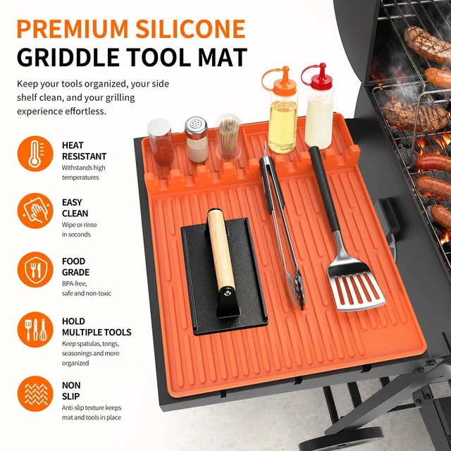 Alt view image 2 of 7 - Silicone Grill Mat for Blackstone Griddle Accessories, 8-Slot Tool Mat | Heat Resistant Spatula Rest with Drip Pad, Protects Side Shelves for BBQ Griddles, Outdoor Kitchens, Gifts for Men