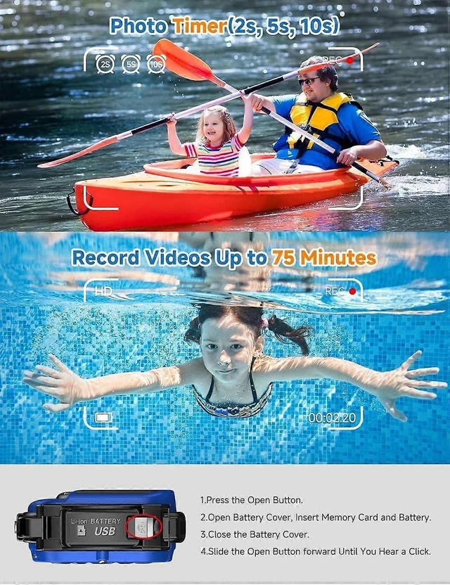 Alt view image 10 of 10 - Ecocleanpath Kids Waterproof Camera 48MP HD 32GB Yellow | No Case Needed, 17ft Depth, Floating Design