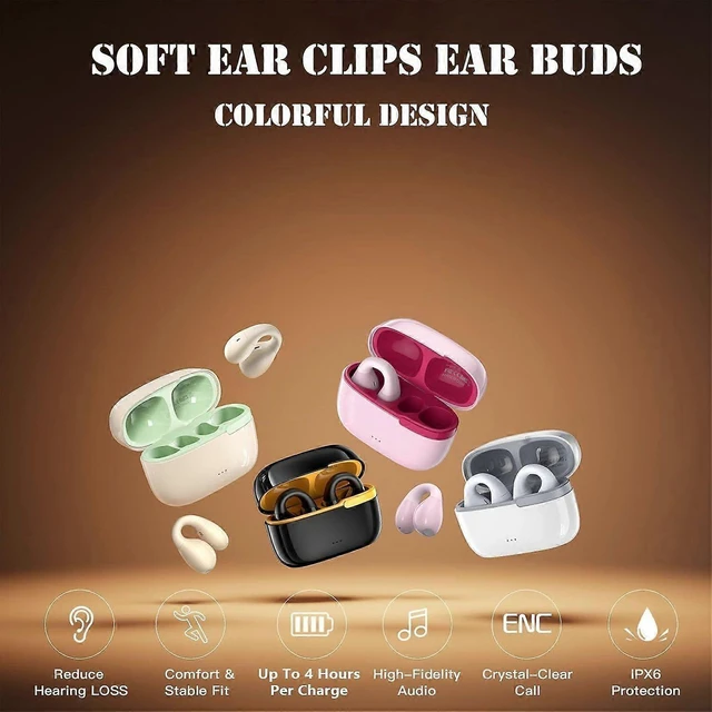 Alt view image 7 of 10 - Beige Bluetooth 5.3 Bone Conduction Ear Clip Headset - Open Ear Safe for Sports & Work