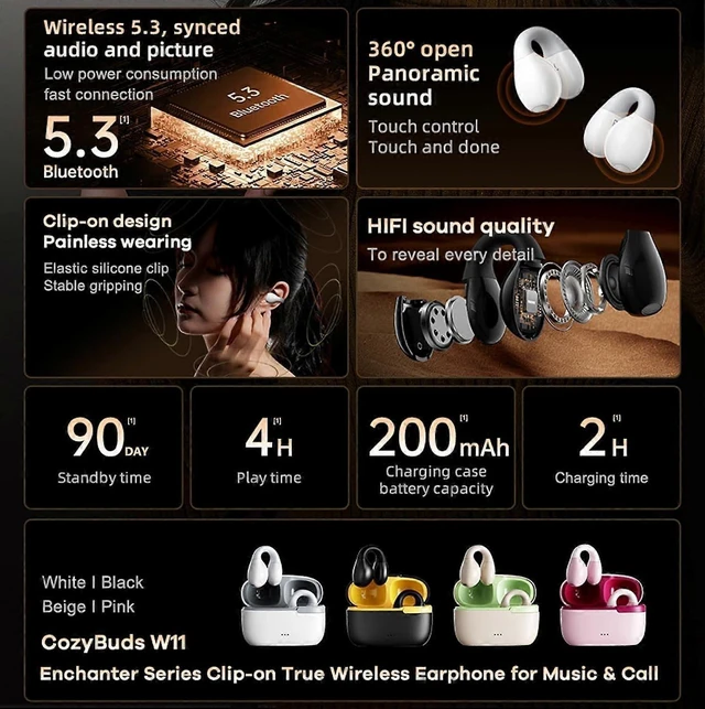 Alt view image 10 of 10 - Beige Bluetooth 5.3 Bone Conduction Ear Clip Headset - Open Ear Safe for Sports & Work
