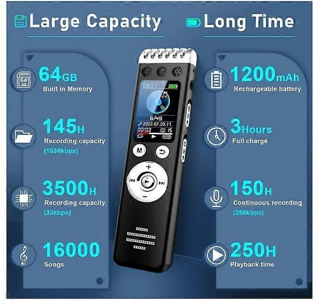 Alt view image 9 of 10 - Ecocleanpath 64GB Voice Activated Recorder, 3500H Record & 150H Battery, Noise Reduction for Lectures/Meetings (Black)
