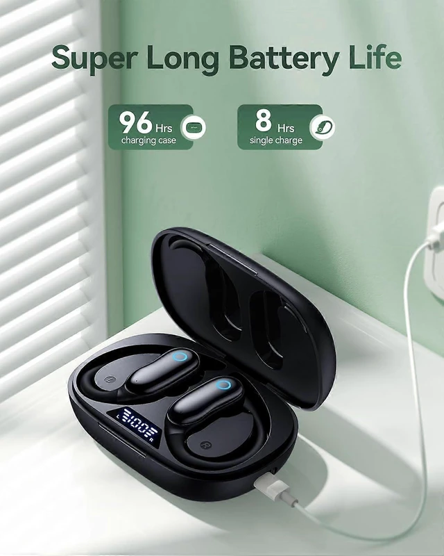 Alt view image 7 of 10 - Wireless Bluetooth Earphones 96H Playback IPX7 Waterproof Over-Ear Bass Headphones w/Mic LED Display-Black