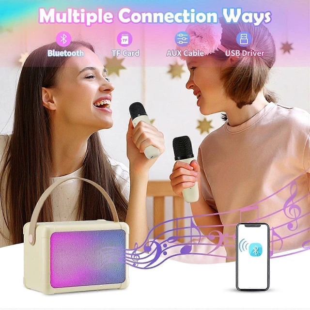 Alt view image 9 of 10 - Ecocleanpath Beige Kids Karaoke Machine with 2 Wireless Mics, Bluetooth Speaker & Colorful Lights for Family Fun
