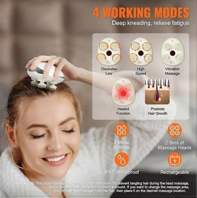 Alt view image 7 of 10 - Ecocleanpath Electric Scalp Massager with Heating, IPX7 Waterproof, 4 Modes for Hair Growth & Stress Relief (White)