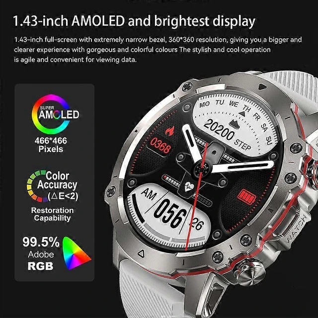 Alt view image 8 of 10 - Ecocleanpath Military Smart Watch for Men: Bluetooth Calling, 50+ Sports Modes, 1.43" AMOLED, 400mAh Battery, Silver