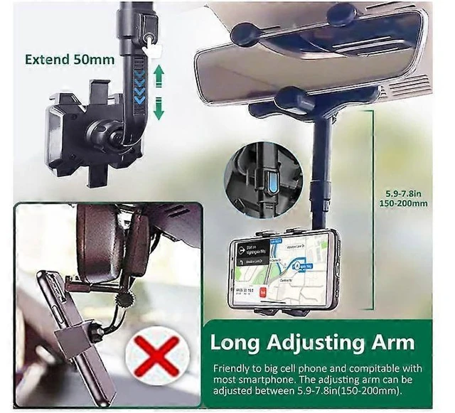 Alt view image 9 of 10 - Ecocleanpath 360° Rotating Rearview Mirror Phone Holder for Car, Adjustable Arm, Universal Mount (Black)