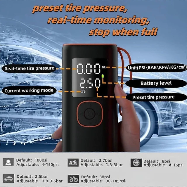 Alt view image 10 of 10 - Ecocleanpath 150 PSI Portable Tire Inflator with LCD Display, Auto Stop, 12V DC Car Air Compressor Pump