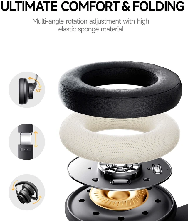 Alt view image 12 of 14 - Picun B8 Bluetooth Headphones, 120H Playtime Headphone Wireless Bluetooth with 3 EQ Modes, Low Latency, Hands-Free Calls, Over Ear Headphones for Travel Home Office Cellphone PC Black