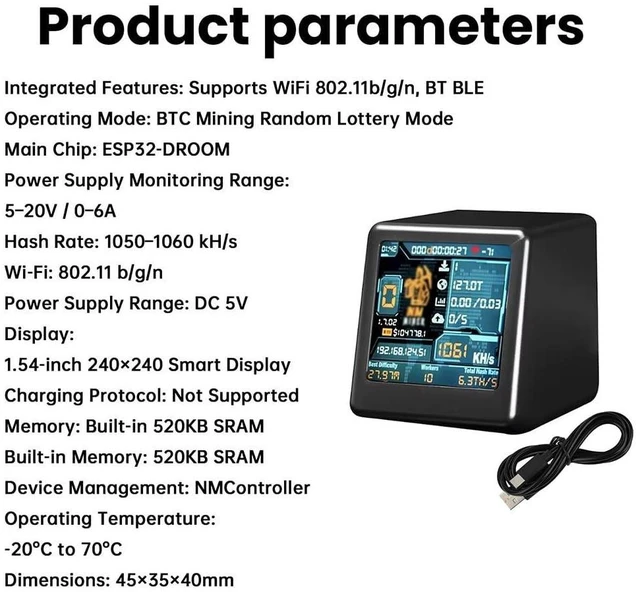 Alt view image 9 of 10 - Bitcoins Miner USB Miner 1060KH/s Desktop-Style V2 ESP32 Hashrate 1.54 Inch Smart Display Crypto Solo Lottery Miner Solo Mining-Black