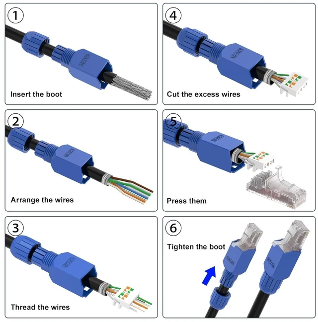 Alt view image 14 of 14 - VCELINK RJ45 Connector Tool-Free, CAT6A Field Termination Plug, Gold Plated Modular Plug, UTP CAT6A Connector Toolless for 23 to 26 AWG Network Cable, 6 Pack, Blue