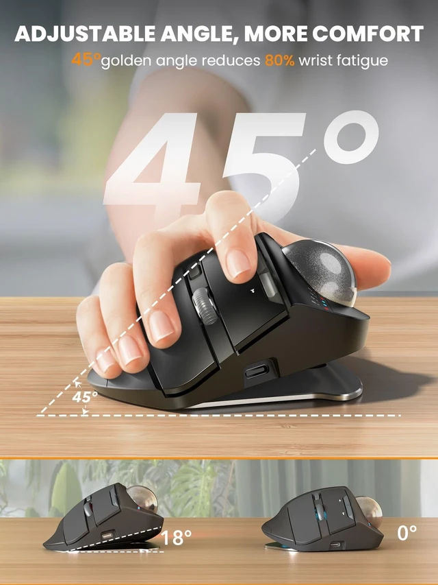 Alt view image 9 of 14 - MAM1 Pro Ergonomic Wireless Trackball Mouse, Adjustable 0°/18° Angle, Thumb Control, Quiet Clicks, 3 Multi-Device Bluetooth & USB Receiver, Rechargeable Mouse for Office, Windows Mac