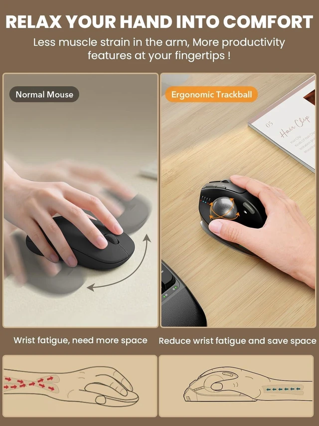 Alt view image 10 of 14 - MAM1 Pro Ergonomic Wireless Trackball Mouse, Adjustable 0°/18° Angle, Thumb Control, Quiet Clicks, 3 Multi-Device Bluetooth & USB Receiver, Rechargeable Mouse for Office, Windows Mac