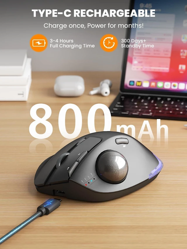 Alt view image 14 of 14 - MAM1 Pro Ergonomic Wireless Trackball Mouse, Adjustable 0°/18° Angle, Thumb Control, Quiet Clicks, 3 Multi-Device Bluetooth & USB Receiver, Rechargeable Mouse for Office, Windows Mac