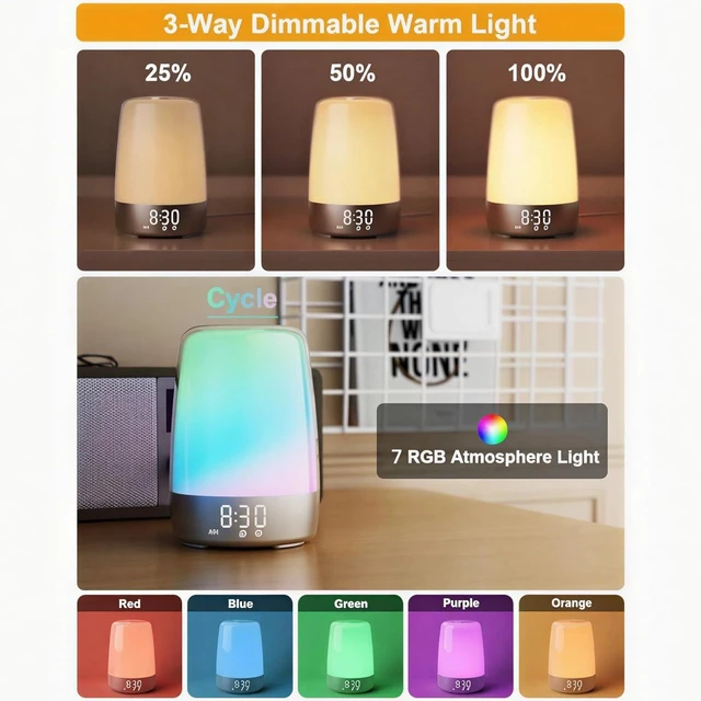 Alt view image 12 of 14 - Touch Wake Up Night Light with Sunrise Simulation Alarm Clock, 3 Ways Dimmable Warm White Bedside Lamp for Kid Bedrooms RGB Ambient Table Nightstand Light,Sleep Aid Snooze Timer Mode