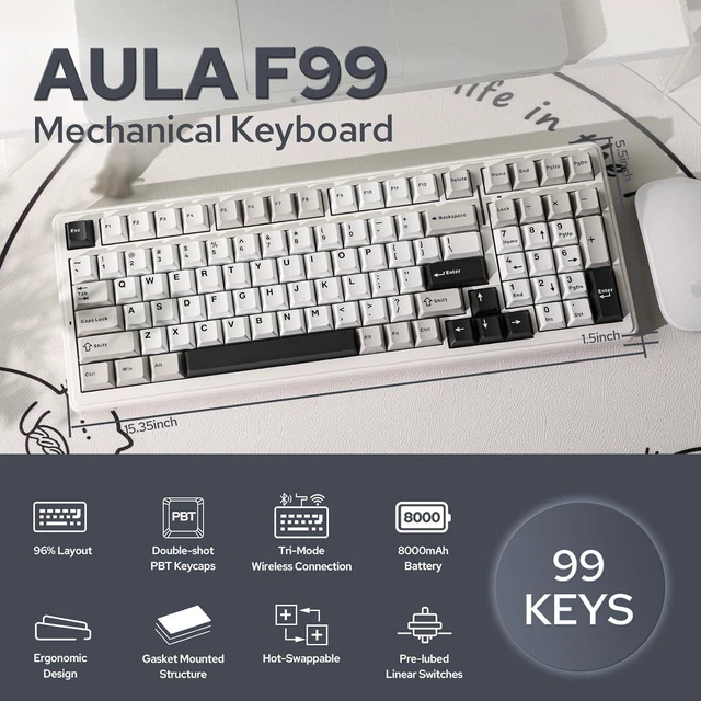 Alt view image 9 of 14 - EPOMAKER x Aula F99 Wireless Mechanical Keyboard, Hot Swappable Gasket Custom Gaming Keyboard with Five-Layer Padding, Bluetooth/2.4GHz/USB-C, 8000mAh Battery (White Grey, Reaper Switch)