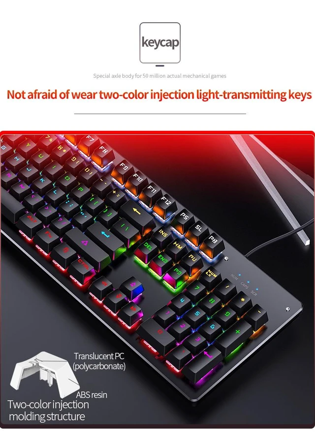 Alt view image 7 of 12 - Wired RGB Gaming Keyboard, 104 Keys USB Wired Mechanical Gaming Keyboard, with Rainbow RGB Backlit Summoner Champion Game Keyboard Cswur