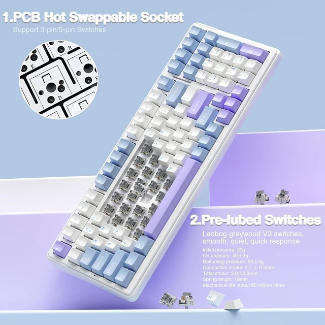 Alt view image 12 of 14 - AULA F99 Wireless Mechanical Keyboard,Bluetooth 5.0/2.4GHz/USB-C Hot Swappable Custom Keyboard,Pre-lubed Linear Switches,Gasket Structure,RGB Backlit Gaming Keyboard for PC/Tablet/Xbox/PS4/PS5