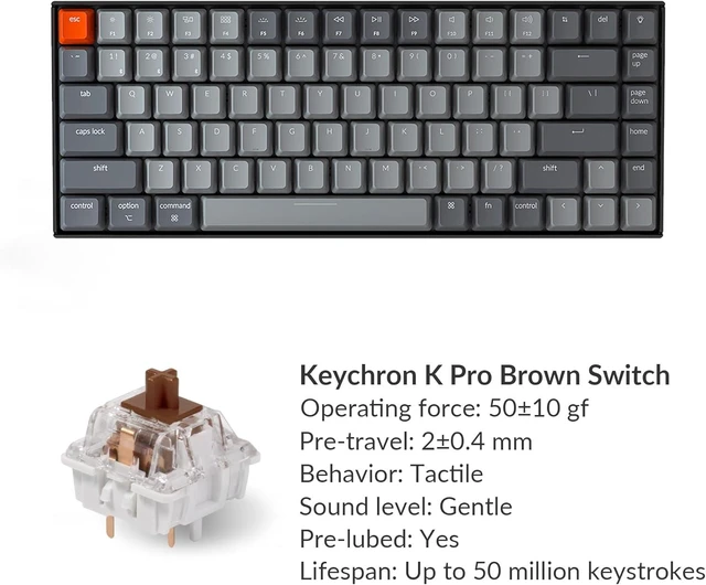 Alt view image 13 of 14 - Keychron K2 75% Layout Bluetooth Wireless Mechanical Keyboard K Pro Brown Switch/White LED Backlit/USB C/Anti Ghosting/N-Key Rollover, 84 Keys Gaming Keyboard for Mac Windows-Version 2
