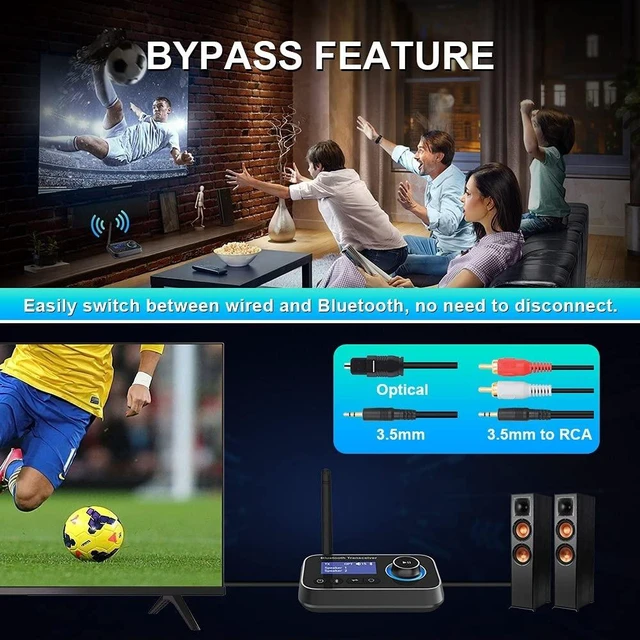 Alt view image 10 of 14 - Ainostone Bluetooth 5.3 Transmitter Receiver for 2 Headphones 3-in-1 Audio Adapter with Bypass Low Latency LCD Display ON/OFF Switch Volume Control Optical AUX RCA for Headphone Speaker TV Home Stereo