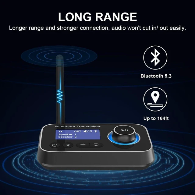 Alt view image 12 of 14 - Ainostone Bluetooth 5.3 Transmitter Receiver for 2 Headphones 3-in-1 Audio Adapter with Bypass Low Latency LCD Display ON/OFF Switch Volume Control Optical AUX RCA for Headphone Speaker TV Home Stereo
