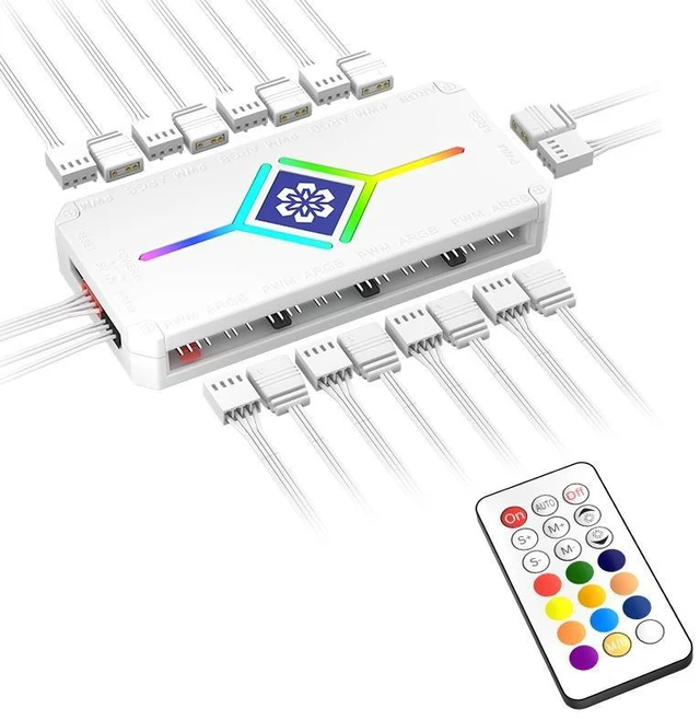 Alt view image 7 of 10 - Computer case ARGB controller 5V 3-pin PWM temperature control expansion wireless remote control multi-fan hub with synchronized light effect