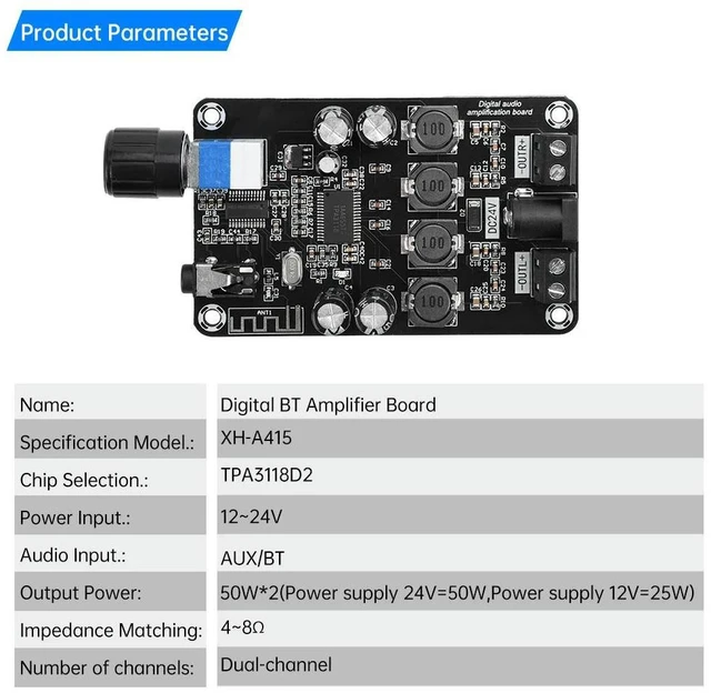 Alt view image 5 of 6 - DC 12V~24V Class D Amplifier Module 50W*2 HiFi Stereo Bluetooth 5.0 Audio Amplifier Volume Adjustable with Protection Amplifiers