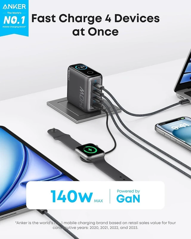 Alt view image 8 of 12 - Laptop Charger 140W MAX USB C Charger 4-Port Multi-Device Fast Charging Advanced GaN Power Adapter Intuitive Touch Controls for MacBook iPhone 17/16 Series Galaxy Pixel and More
