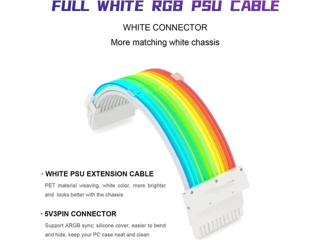 Alt view image 10 of 14 - RGB PSU Cables,ARGB Motherboard Power Supply Cable,24 Pin Sleeved Cable Extension Kit,Strimer Extension Cable Kit 5V 3Pin Synchronized,Customed White PC Chassis(White Connector A Style)