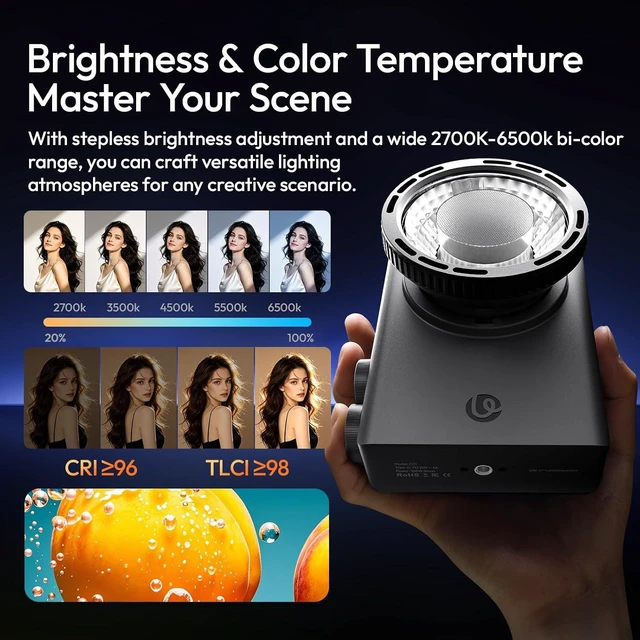 Alt view image 8 of 12 - VoltSync C01 100W COB Video Light Bi-Color 2700K-6500K Continuous Output Lighting 14500 Lux Portable LED Light Supports PD 3.0 Fast Charge Mini Bowens Mount for Studio Outdoor TVC & Live Stream