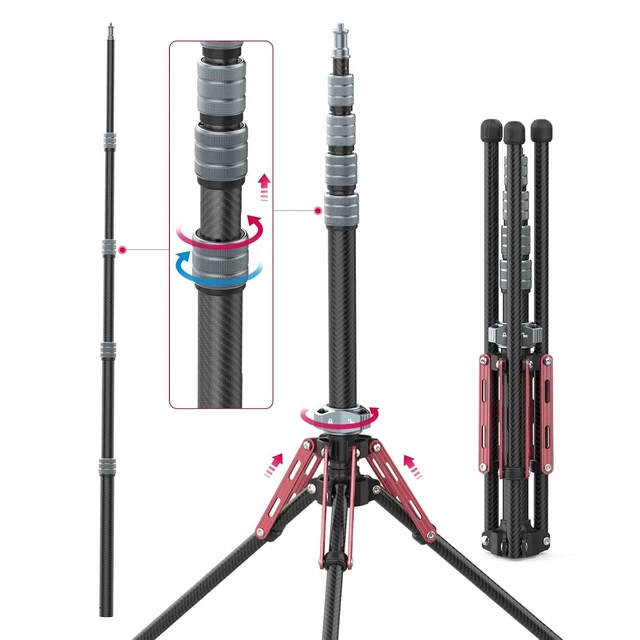 Alt view image 8 of 14 - VoltSync Light Stand Carbon Fiber MT-49, Adjustable Tripod Stand for Photography with Phone Clip, 194cm/76.4inch Studio Sturdy Tripod for Speedlight Flash Softbox Strobe Light Camera with Carrying Bag