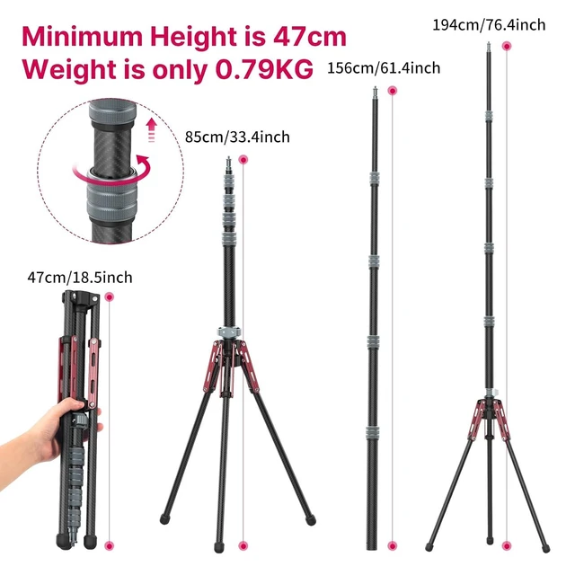Alt view image 11 of 14 - VoltSync Light Stand Carbon Fiber MT-49, Adjustable Tripod Stand for Photography with Phone Clip, 194cm/76.4inch Studio Sturdy Tripod for Speedlight Flash Softbox Strobe Light Camera with Carrying Bag
