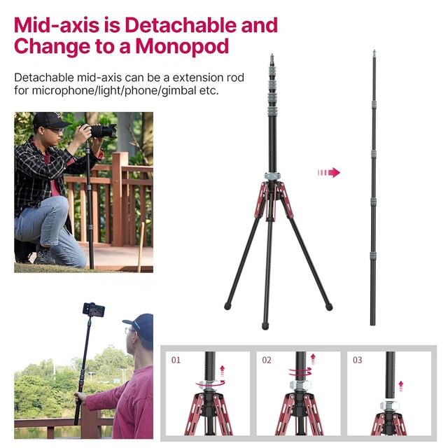 Alt view image 13 of 14 - VoltSync Light Stand Carbon Fiber MT-49, Adjustable Tripod Stand for Photography with Phone Clip, 194cm/76.4inch Studio Sturdy Tripod for Speedlight Flash Softbox Strobe Light Camera with Carrying Bag