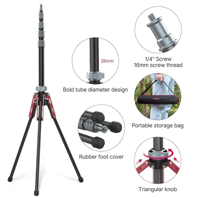 Alt view image 14 of 14 - VoltSync Light Stand Carbon Fiber MT-49, Adjustable Tripod Stand for Photography with Phone Clip, 194cm/76.4inch Studio Sturdy Tripod for Speedlight Flash Softbox Strobe Light Camera with Carrying Bag