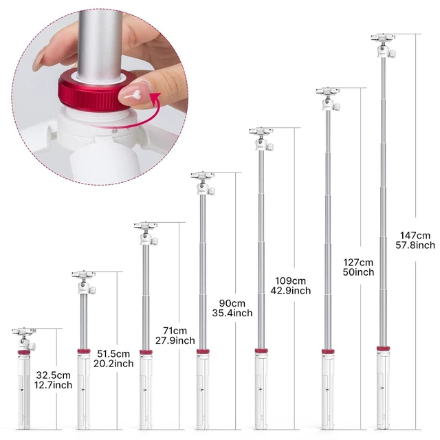 Alt view image 10 of 14 - VoltSync MT-44 Extendable Phone Tripod, 59" Selfie Stick Portable Vlog Tripod Stand with 2 in 1 Phone Clip 1/4" Screw, 360° Ball Head Camera Tripod for DJI Pocket Sony Canon Action Fujifilm, White