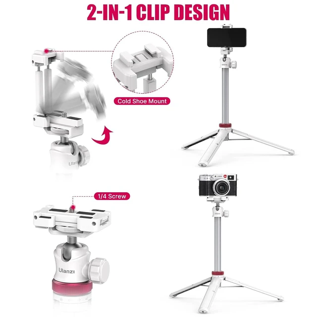Alt view image 9 of 14 - VoltSync MT-44 Extendable Phone Tripod, 59" Selfie Stick Portable Vlog Tripod Stand with 2 in 1 Phone Clip 1/4" Screw, 360° Ball Head Camera Tripod for DJI Pocket Sony Canon Action Fujifilm, White
