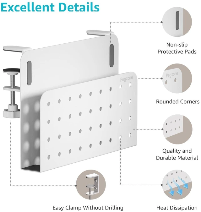 Alt view image 8 of 10 - PEGZONE Desk Side Storage Organizer, No Drill Under Desk Laptop Holder, Clamp on Desk Shelf with Pegboard Accessories, Hanging Laptop Mount, Fits Flat Edge Desks 0.4" to 2.2", White