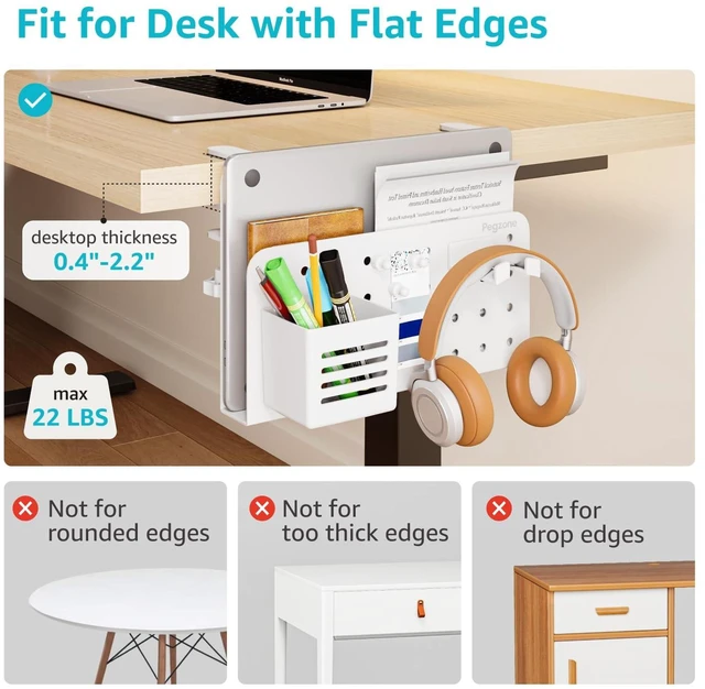 Alt view image 7 of 10 - PEGZONE Desk Side Storage Organizer, No Drill Under Desk Laptop Holder, Clamp on Desk Shelf with Pegboard Accessories, Hanging Laptop Mount, Fits Flat Edge Desks 0.4" to 2.2", White