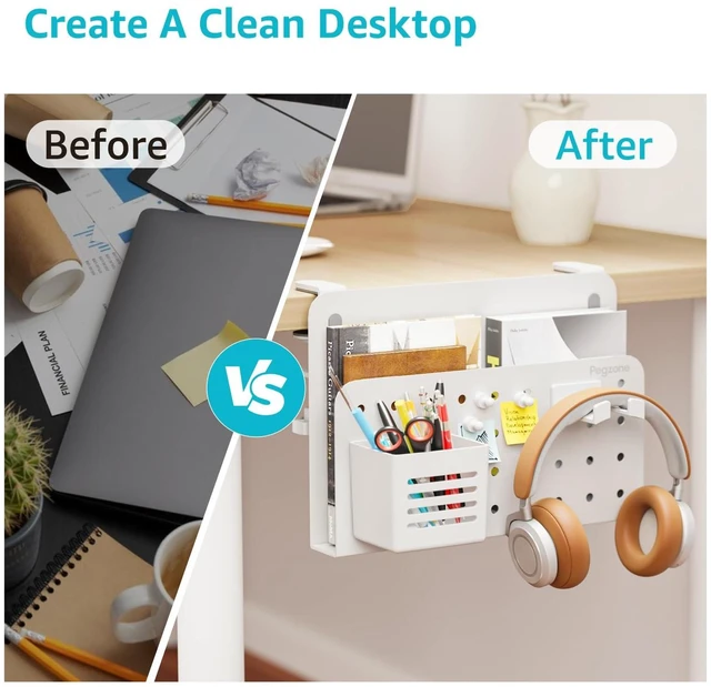 Alt view image 10 of 10 - PEGZONE Desk Side Storage Organizer, No Drill Under Desk Laptop Holder, Clamp on Desk Shelf with Pegboard Accessories, Hanging Laptop Mount, Fits Flat Edge Desks 0.4" to 2.2", White