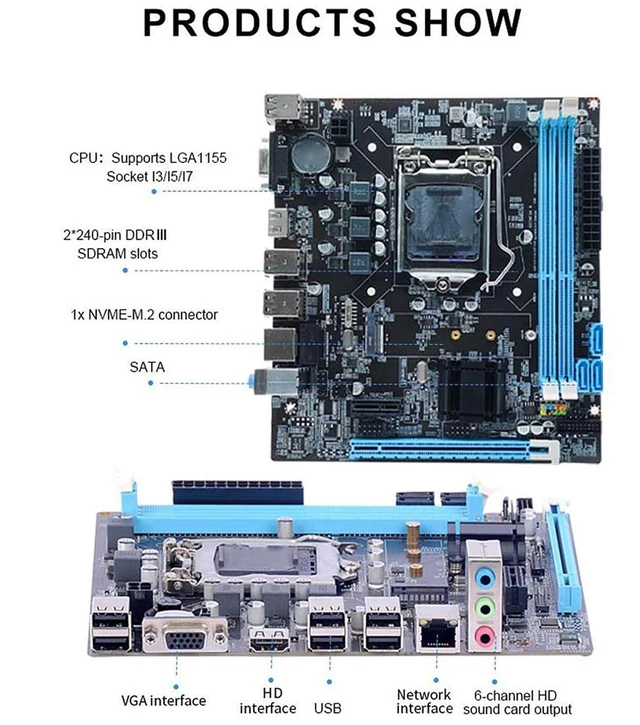 Alt view image 9 of 10 - Desktop Motherboard, LGA 1155 CPU Slot, Channel DDR3, M.2 NVMe NGFF, 3 Phase Power, HD VGA Output, Micro ATX Motherboard for LGA1155 Socket I3 I5 I7 with USB2.0