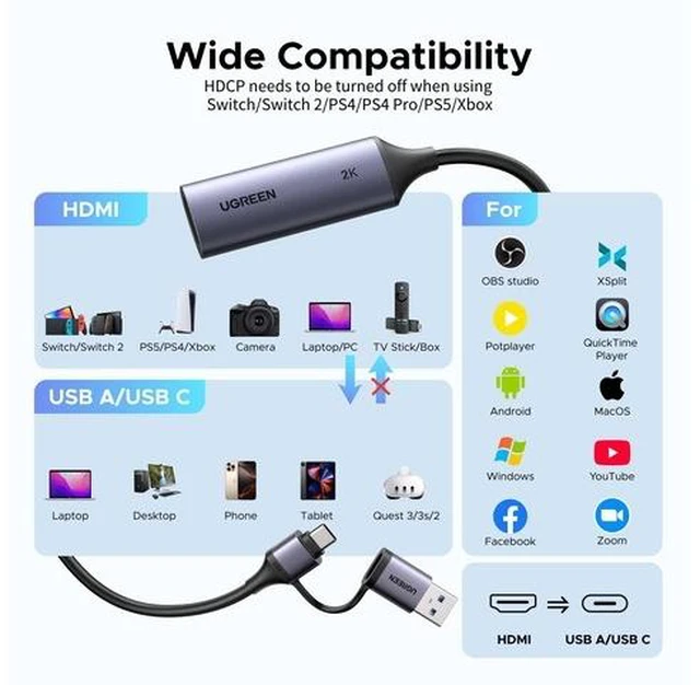 Alt view image 10 of 10 - UGREEN 2K@30Hz Video Capture Card 4K Input HDMI to USB 3.0 A and USB C Capture, 1080P 60FPS with Low Latency Capture Card for Streaming Game Recording Compatible with Switch 2/Xbox/PS4/PS5/PC/Camera