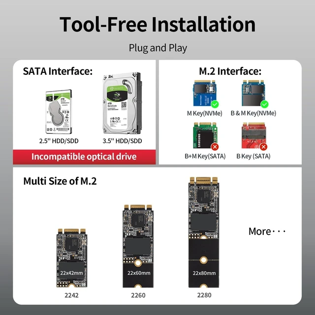 Alt view image 10 of 10 - Unitek M.2 NVME SATA SSD Enclosure-2 in 1 Tool-Free Portable 10Gbps NVMe PCI-E M.2 and SATA SSD External Adapter USB 3.2 Hard Drive Reader for 2230/2242/2260/2280 NVMe and 2.5" /3.5" SSD