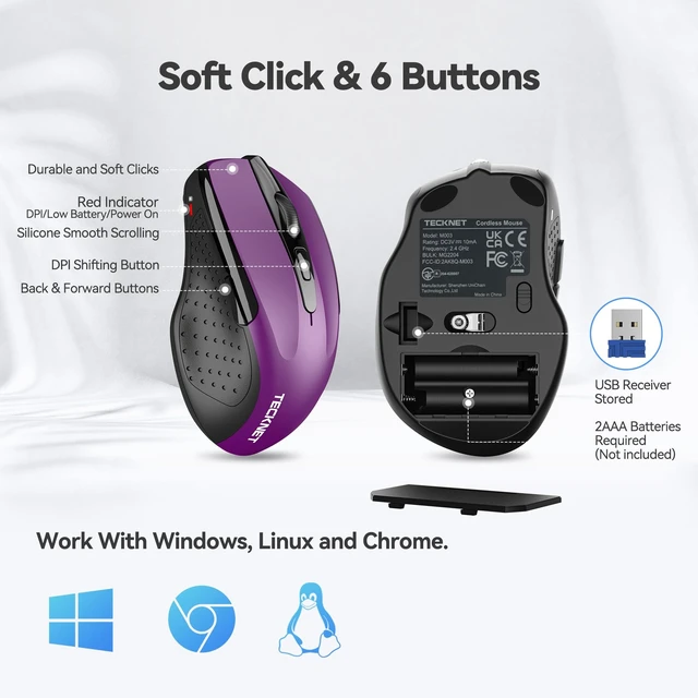 Alt view image 12 of 14 - Wireless Mouse, 2.4G Ergonomic Optical Mouse, Computer Mouse for Laptop, PC, Computer, Chromebook, Notebook, 6 Buttons, 24 Months Battery Life, 2600 DPI, 5 Adjustment Levels - Purple