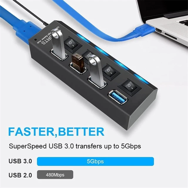 Alt view image 13 of 14 - USB 3.0 Hub USB Hub 3.0 Multi USB Splitter 3 Hab Use Power Adapter 4 Port Multiple Expander USB3 Hub with Switch for PC