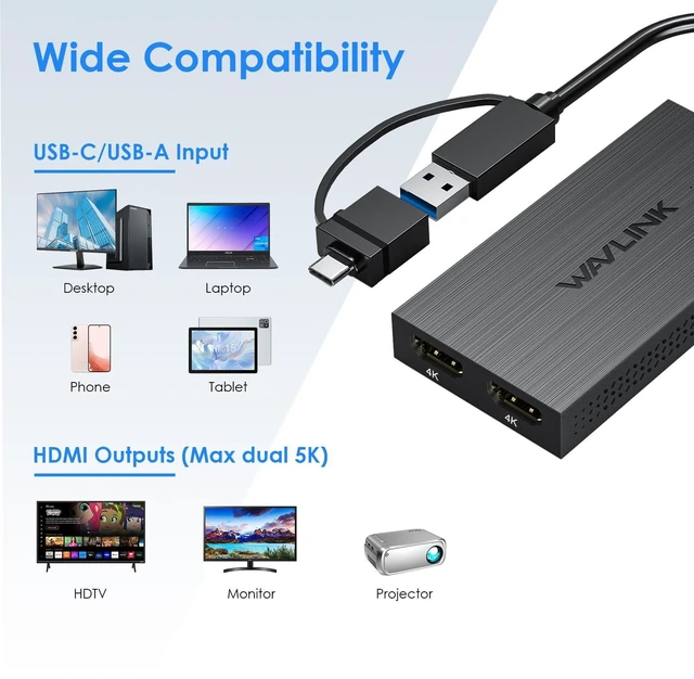 Alt view image 8 of 8 - WAVLINK USB 3.0 or USB C to Dual HDMI Splitter Extended Display for Dual Monitor, Displaylink Adapter Dual HDMI 4K 60Hz for Apple Mac M1/M2/M3 or Windows 10/11, USB A/C to HDMI 4K Output