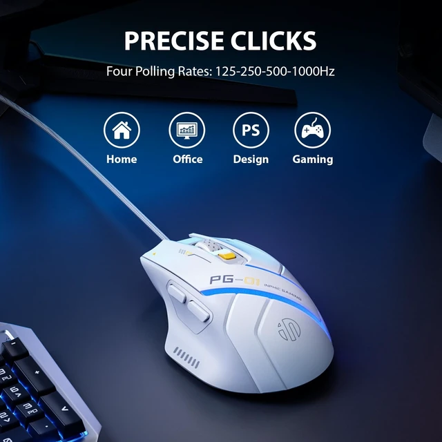 Alt view image 12 of 14 - INPHIC PG1 Wired Computer Gaming Mouse Ergonomic, 12800 DPI High-Precision, 6 Programmable Buttons, RGB Backlit for Gaming - White Gray