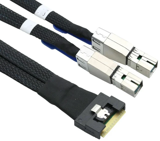 Alt view image 2 of 2 - PCIe SFF-8654 8I to 2 SAS HD 8644 Adapter Cable Server Internal Wiring Bundle with Full Coverage Angled Connector