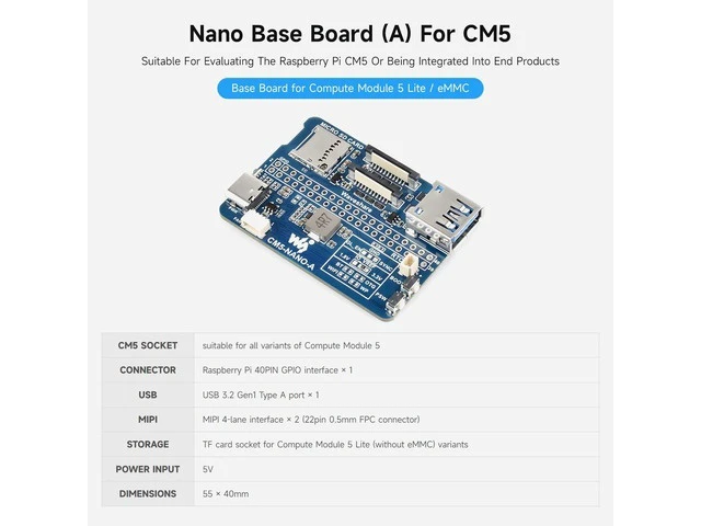 Alt view image 8 of 10 - Nano Base Board (A), Compatible with Raspberry Pi Compute Module 5, Base Board for CM5 Lite/eMMC, with Multiple Peripheral Interfaces